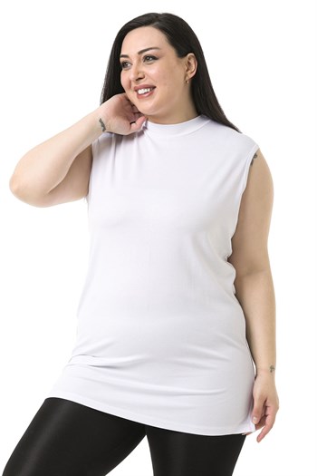 Büyük Beden Yarım Balıkçı Yanları Yırtmaçlı Uzun Viskon Beyaz Body