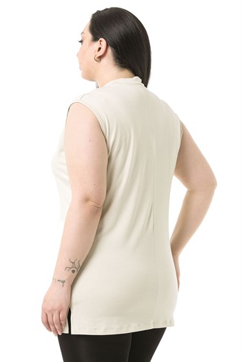 Büyük Beden Yarım Balıkçı Yanları Yırtmaçlı Uzun Viskon Bej Body