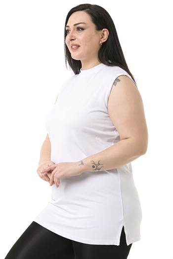 Büyük Beden Yarım Balıkçı Yanları Yırtmaçlı Uzun Viskon Beyaz Body