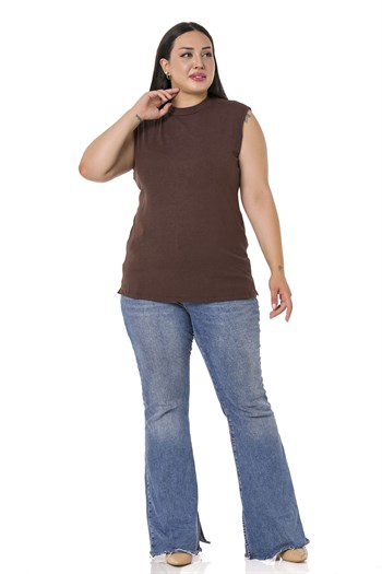 Büyük Beden Yarım Balıkçı Yanları Yırtmaçlı Uzun Viskon Kahverengi Body