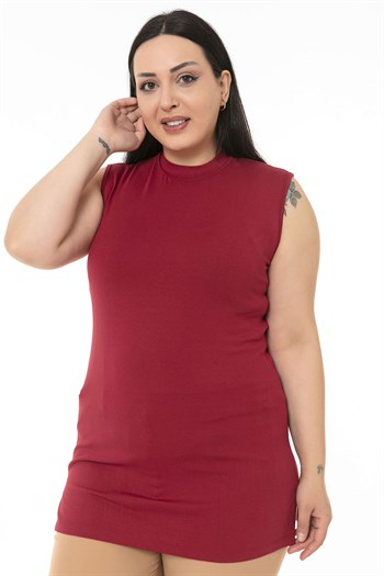 Büyük Beden Yarım Balıkçı Yanları Yırtmaçlı Uzun Viskon Bordo Body