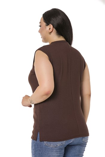 Büyük Beden Yarım Balıkçı Yanları Yırtmaçlı Uzun Viskon Kahverengi Body