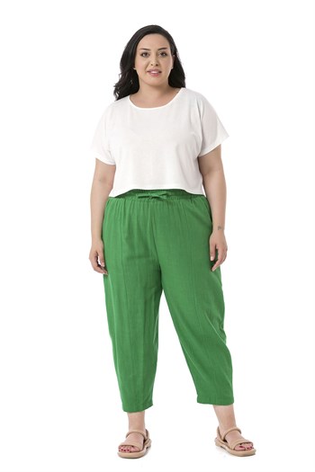 Plus Size Half Shalwar Lined Green Trousers with Pockets Elastic Waist and Drawstring