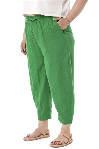 Plus Size Half Shalwar Lined Green Trousers with Pockets Elastic Waist and Drawstring