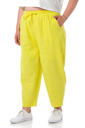 Plus Size Half Shalwar Lined Pocket Elastic Waist and Drawstring Linen Yellow Trousers