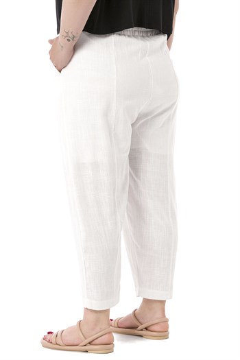 Plus Size Half Shalwar Lined White Trousers with Pockets Elastic Waist and Drawstring