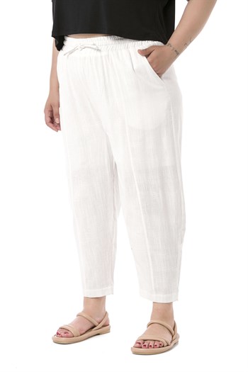 Plus Size Half Shalwar Lined White Trousers with Pockets Elastic Waist and Drawstring