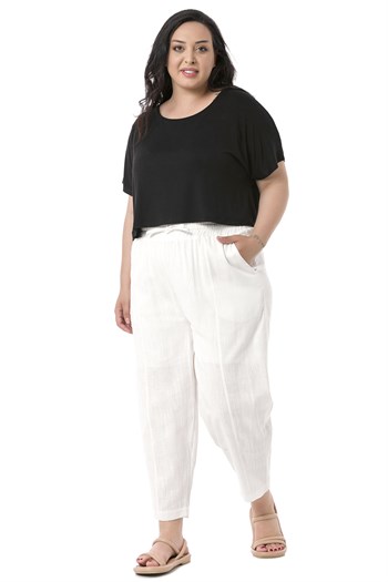 Plus Size Half Shalwar Lined White Trousers with Pockets Elastic Waist and Drawstring