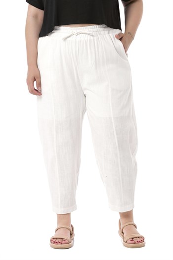 Plus Size Half Shalwar Lined White Trousers with Pockets Elastic Waist and Drawstring
