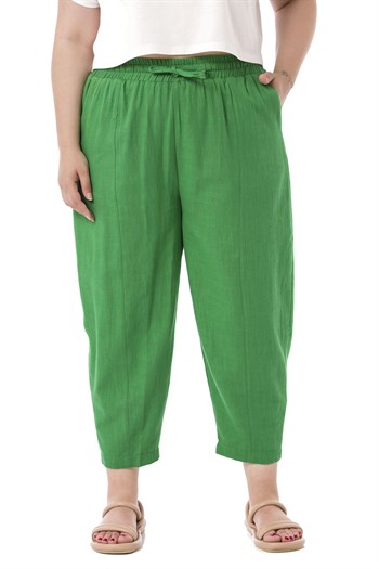Plus Size Half Shalwar Lined Green Trousers with Pockets Elastic Waist and Drawstring
