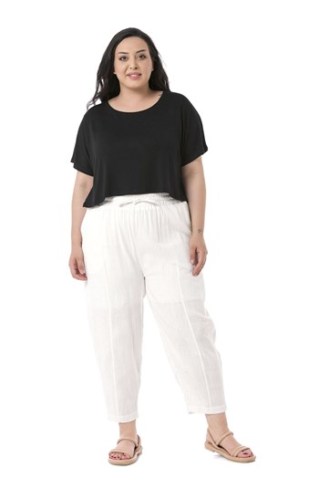 Plus Size Half Shalwar Lined White Trousers with Pockets Elastic Waist and Drawstring