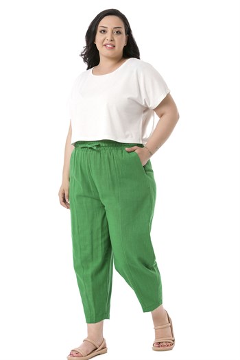 Plus Size Half Shalwar Lined Green Trousers with Pockets Elastic Waist and Drawstring