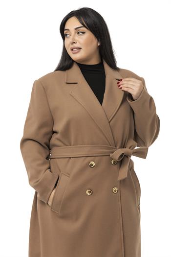 Büyük Beden Yırtmaçlı Uzun Astarlı Vizon Kaşe Kaban