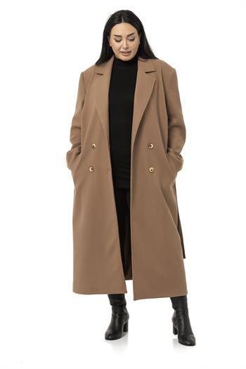 Büyük Beden Yırtmaçlı Uzun Astarlı Vizon Kaşe Kaban