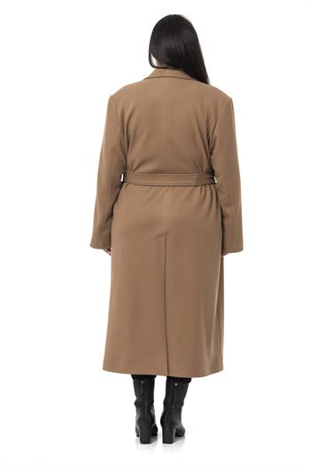 Büyük Beden Yırtmaçlı Uzun Astarlı Vizon Kaşe Kaban