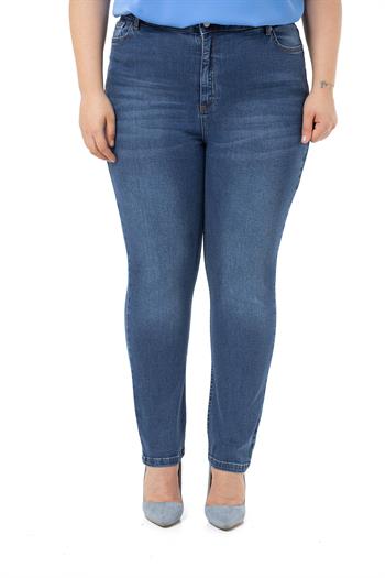 Büyük Beden Yüksek Bel Dar Paça Mavi Denim Pantolon