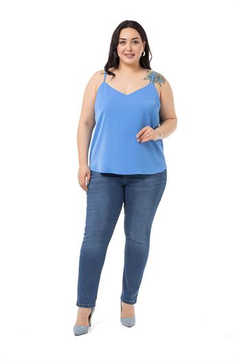 Büyük Beden Yüksek Bel Dar Paça Mavi Denim Pantolon