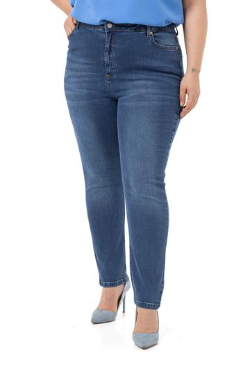 Büyük Beden Yüksek Bel Dar Paça Mavi Denim Pantolon