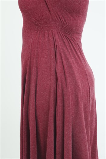 Büyük Beden Yuvarlak Yaka Cepli Beli Yanlardan Büzgülü Yün Viskon Midi Bordo Elbise