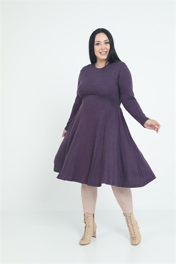 Büyük Beden Yuvarlak Yaka Cepli Beli Yanlardan Büzgülü Yün Viskon Midi Mürdüm Elbise