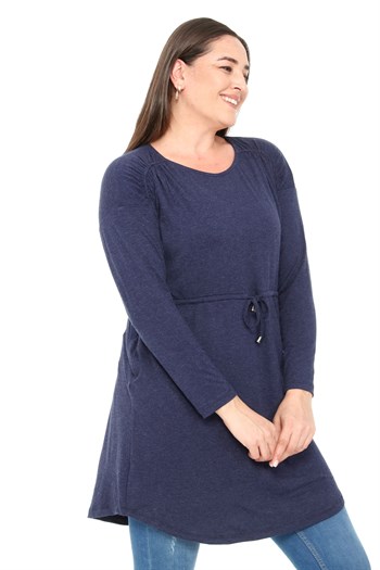 Büyük Beden Yuvarlak Yaka Detaylı Cepli Beli İpli Yün Viskon Lacivert Tunik Elbise