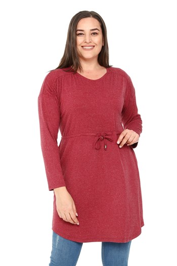 Büyük Beden Yuvarlak Yaka Detaylı Cepli Beli İpli Yün Viskon Bordo Tunik Elbise