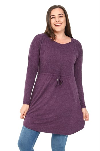 Büyük Beden Yuvarlak Yaka Detaylı Cepli Beli İpli Yün Viskon Mürdüm Tunik Elbise