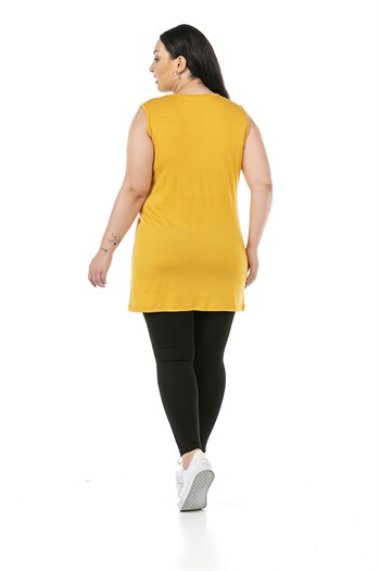 Büyük Beden Yuvarlak Yaka Kalın Askılı Viskon Uzun Hardal Body