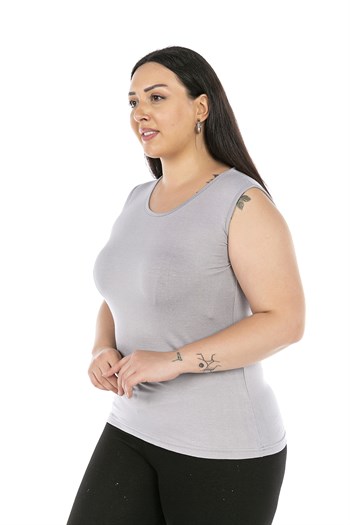 Büyük Beden Yuvarlak Yaka Kalın Askılı Viskon Açık Gri Body