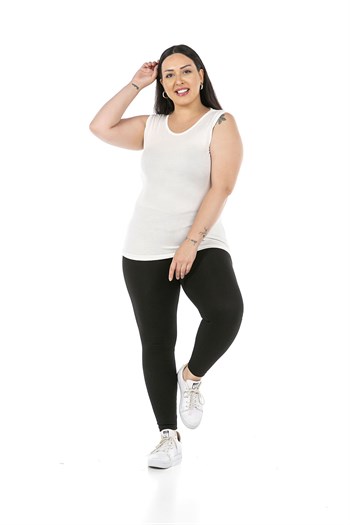 Büyük Beden Yuvarlak Yaka Kalın Askılı Viskon Ekru Body