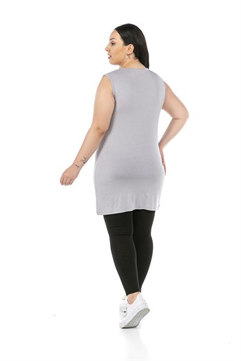 Büyük Beden Yuvarlak Yaka Kalın Askılı Viskon Uzun Açık Gri Body