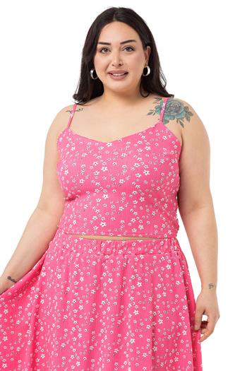 Büyük Beden Ayarlanabilir İnce Askılı Bluz Etek Fuşya İkili Takım