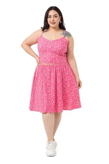 Büyük Beden Ayarlanabilir İnce Askılı Bluz Etek Fuşya İkili Takım