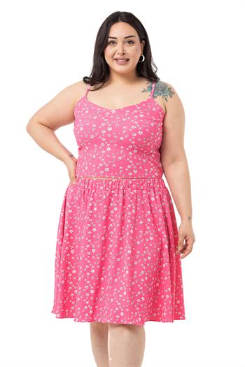 Büyük Beden Ayarlanabilir İnce Askılı Bluz Etek Fuşya İkili Takım