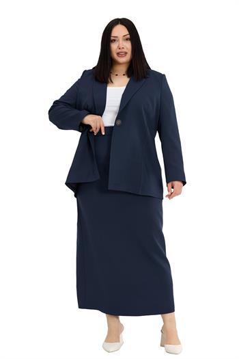 Büyük Beden Tek Düğmeli Ceket Etek Lacivert İkili Takım