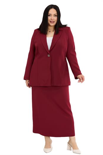 Büyük Beden Tek Düğmeli Ceket Etek Bordo İkili Takım