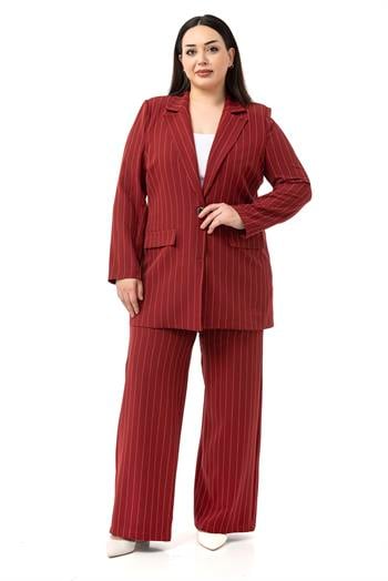 Büyük Beden Çizgili Bordo Ceket Pantolon İkili Takım