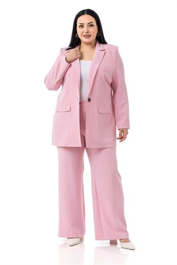 Büyük Beden Çizgili Pembe Ceket Pantolon İkili Takım