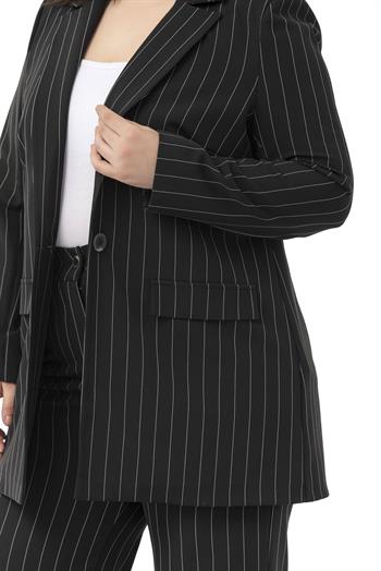 Büyük Beden Çizgili Siyah Ceket Pantolon İkili Takım