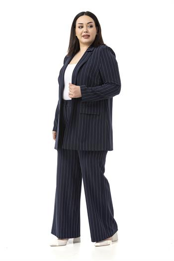 Büyük Beden Çizgili Lacivert Ceket Pantolon İkili Takım
