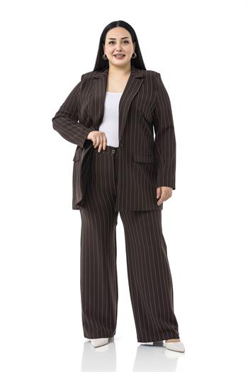 Büyük Beden Çizgili Kahverengi Ceket Pantolon İkili Takım