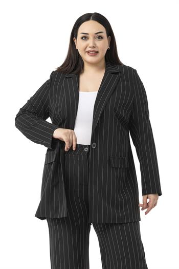 Büyük Beden Çizgili Siyah Ceket Pantolon İkili Takım