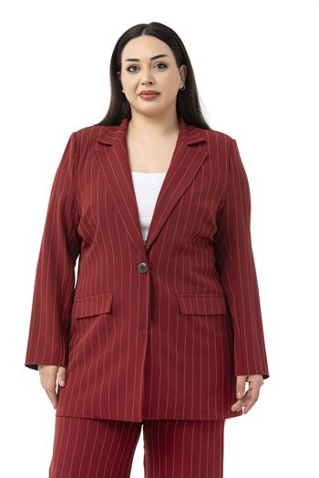 Büyük Beden Çizgili Bordo Ceket Pantolon İkili Takım
