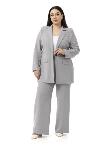 Büyük Beden Çizgili Gri Ceket Pantolon İkili Takım