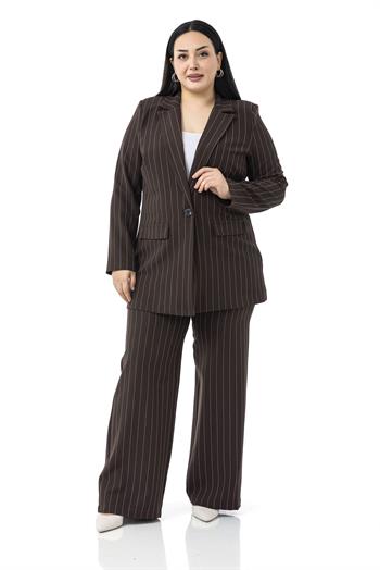 Büyük Beden Çizgili Kahverengi Ceket Pantolon İkili Takım