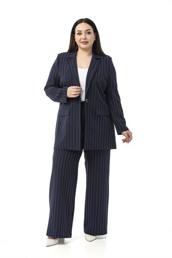 Büyük Beden Çizgili Lacivert Ceket Pantolon İkili Takım