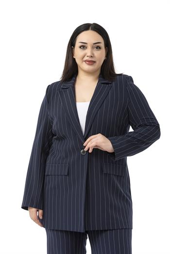 Büyük Beden Çizgili Lacivert Ceket Pantolon İkili Takım