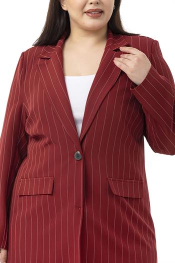 Büyük Beden Çizgili Bordo Ceket Pantolon İkili Takım