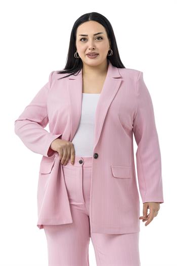 Büyük Beden Çizgili Pembe Ceket Pantolon İkili Takım