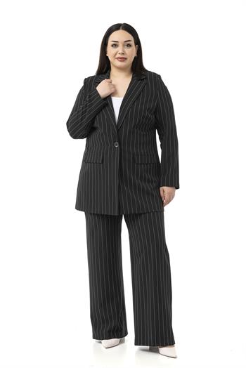 Büyük Beden Çizgili Siyah Ceket Pantolon İkili Takım